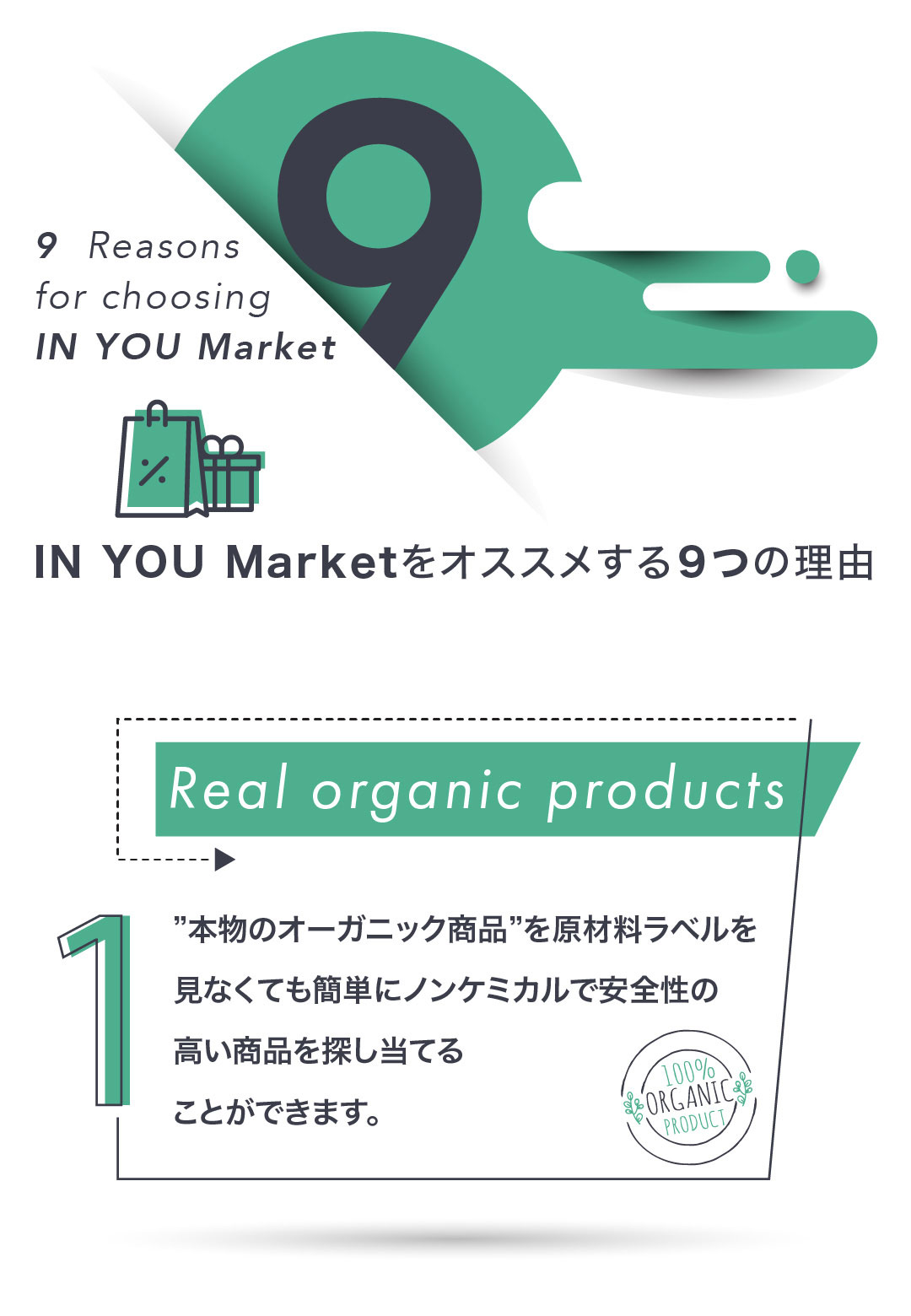IN YOU Marketをオススメする９つの理由 (1) ”本物のオーガニック商品”を原材料ラベルを見なくても簡単にノンケミカルで安全性の高い商品を探し当てることができます。