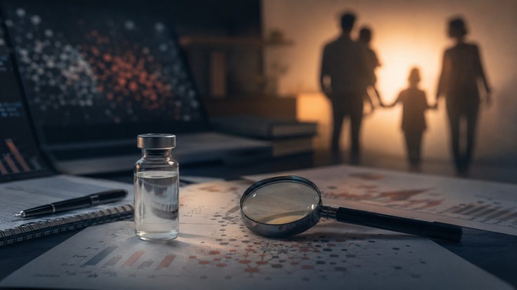 ワクチンと統計資料を慎重に検証し、家族を守る判断を考えるイメージ