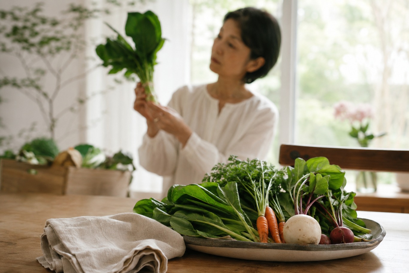 食卓に並ぶ新鮮な野菜を見つめ、食の安全について考える女性