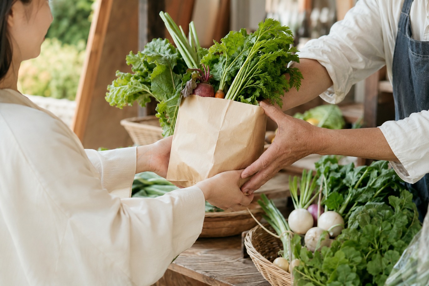 生産者から旬の野菜を受け取る消費者の手元