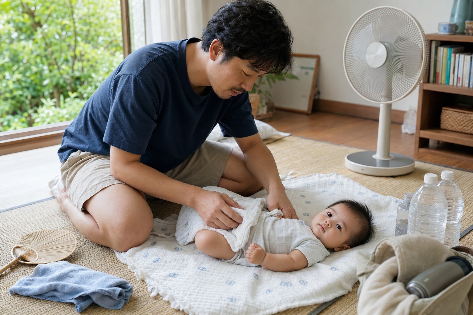 停電と猛暑のなか乳児をケアする家族のイメージ