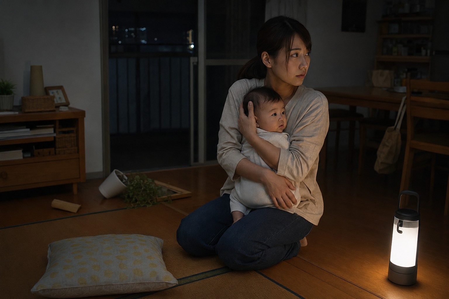 停電した室内で乳児を抱き守る親のイメージ