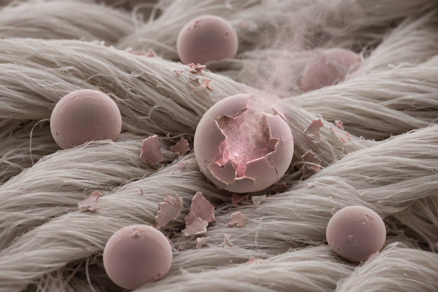 衣類の繊維に付着し摩擦で壊れる香料マイクロカプセルのイメージ