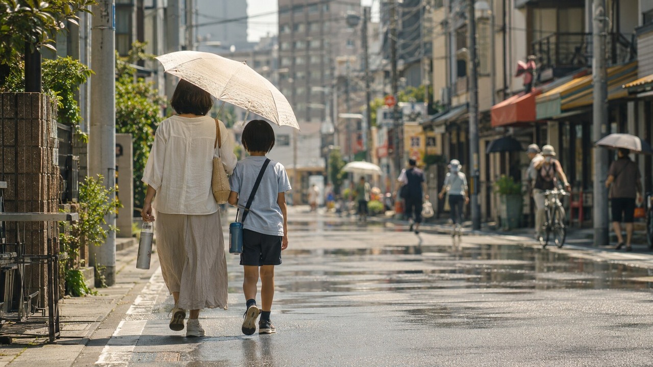 強い日差しの中、日傘を差して日本の街を歩く親子