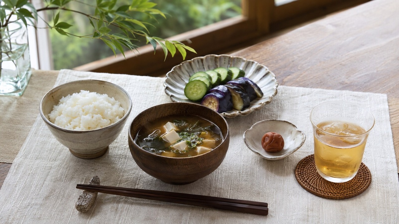 味噌汁、夏野菜、梅干しを並べた夏の朝食